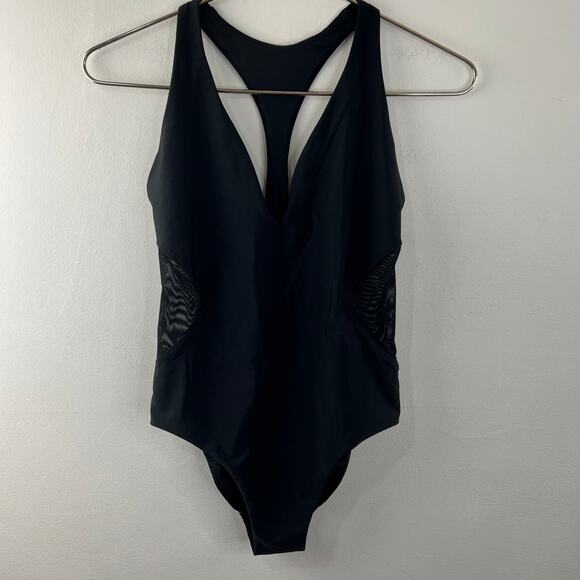 Sweaty Betty Carve Black Mesh Swimsuit Plunge Neck Racerback Strap Sz Small NEW - Picture 2 of 8